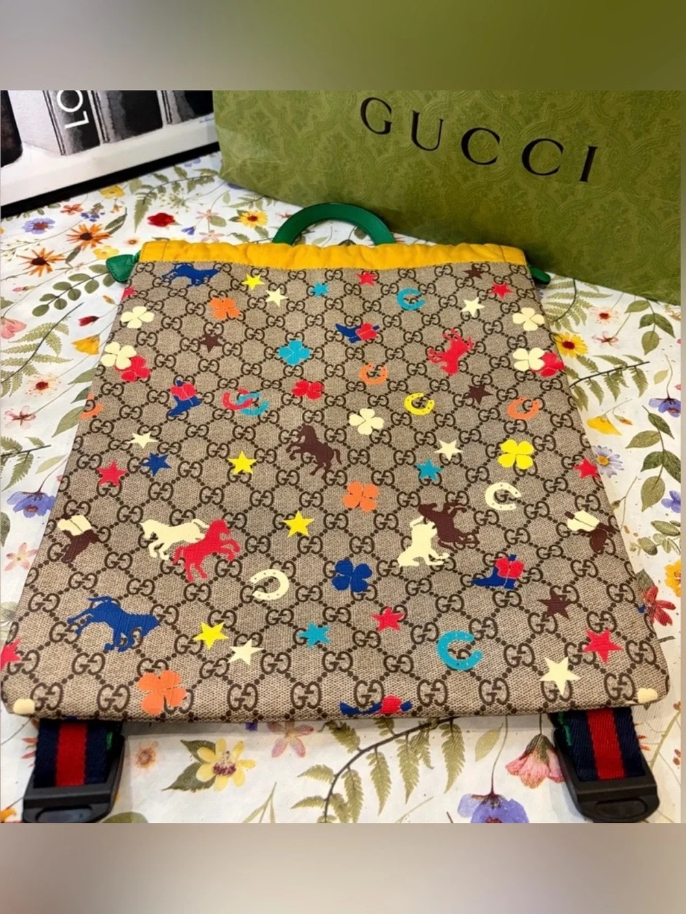 EUC! GUCCI Kids Beige GG Canvas Backpack with Yellow Trim & Multicolor Icons🐴⭐️